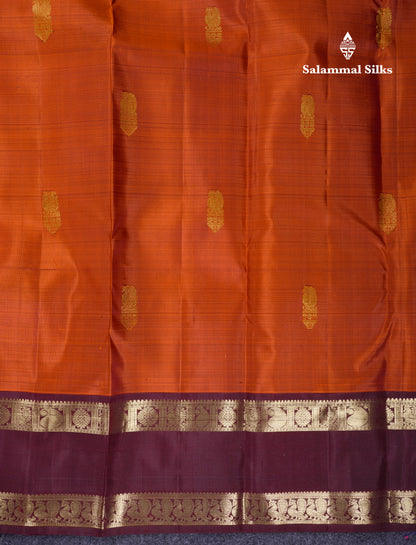 Beautiful Rust Orange Pure Kanjivaram Silk Saree With Contrast Dark Brown Traditional Gap Border
