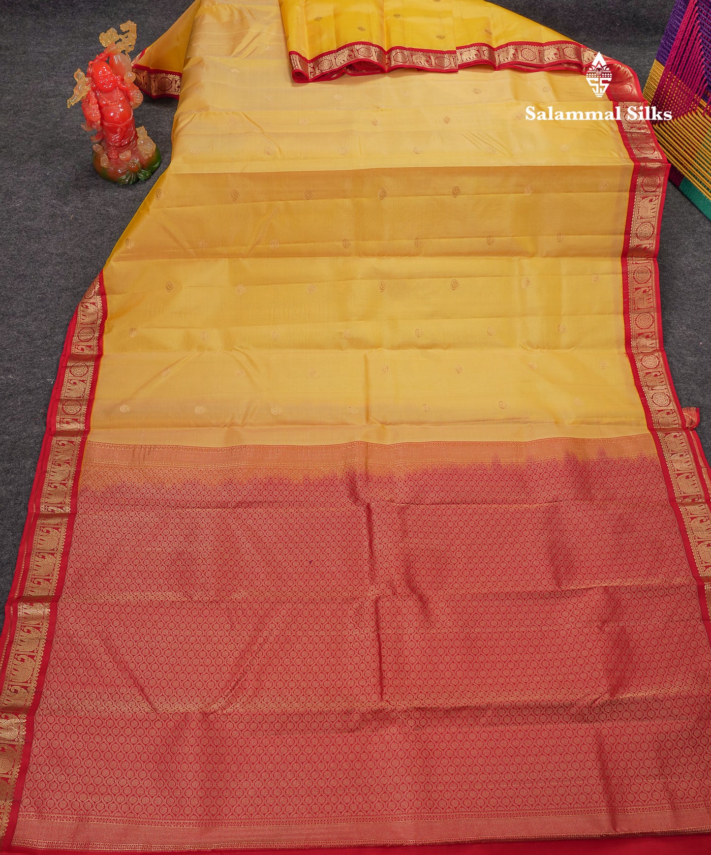 Beautiful Yellow Pure Kanjivaram Silk Saree With Red Traditional Korvai Border