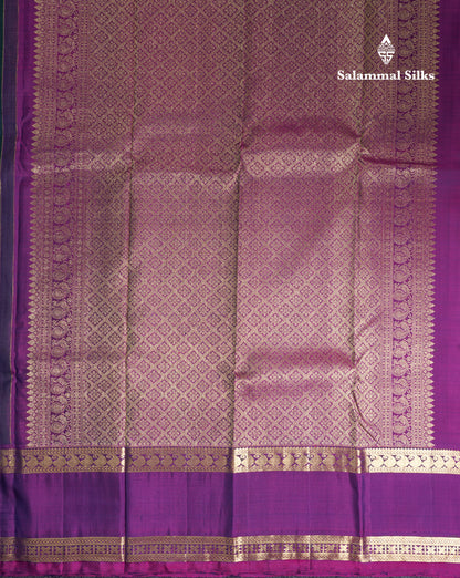 Dual Tone Peacock Green Pure Kanjivaram Silk Saree With Contrast Purple Double Border