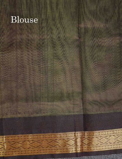 Contrast Dark Brown Blouse Of Pista  Green Pure Silk otton Saree