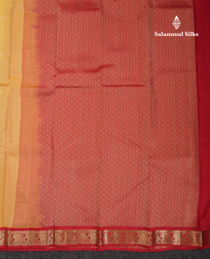 Beautiful Yellow Pure Kanjivaram Silk Saree With Red Traditional Korvai Border
