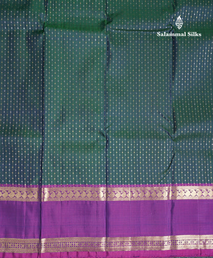 Dual Tone Peacock Green Pure Kanjivaram Silk Saree With Contrast Purple Double Border
