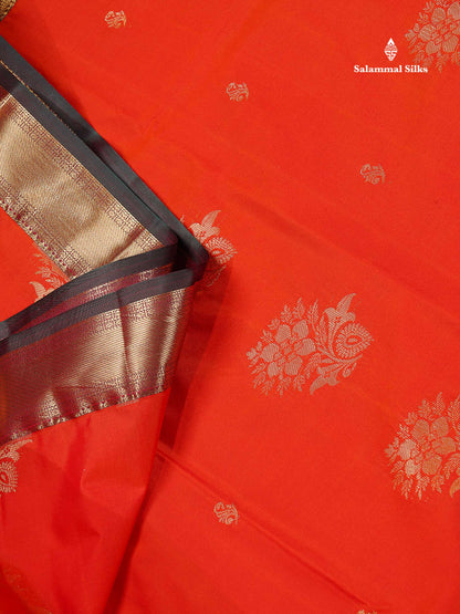 Semi Silk Saree - Chilly Red Colour Body Zari Butta With Traditional Gap Border