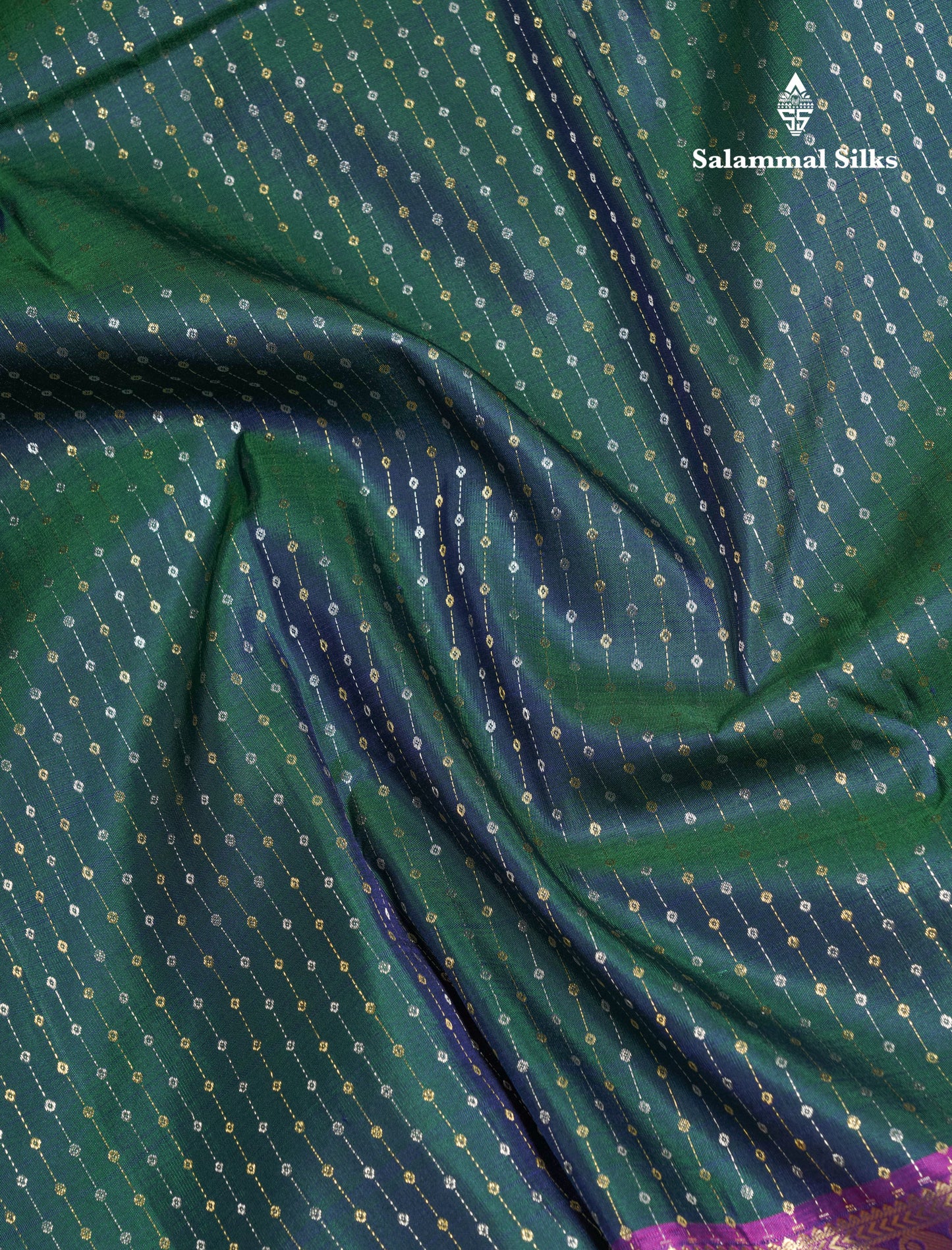 Dual Tone Peacock Green Pure Kanjivaram Silk Saree With Contrast Purple Double Border