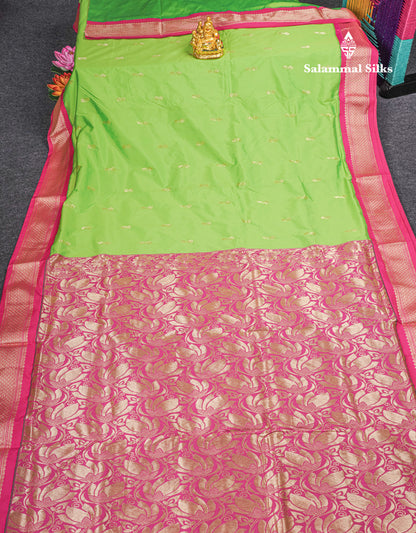 9.5 Yards Semi Silk Saree Parrot Green with Contrast Pink Border