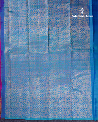 Beautiful Magenta Pure Kanjivaram Silk Saree With Contrast Peacock Blue Blouse