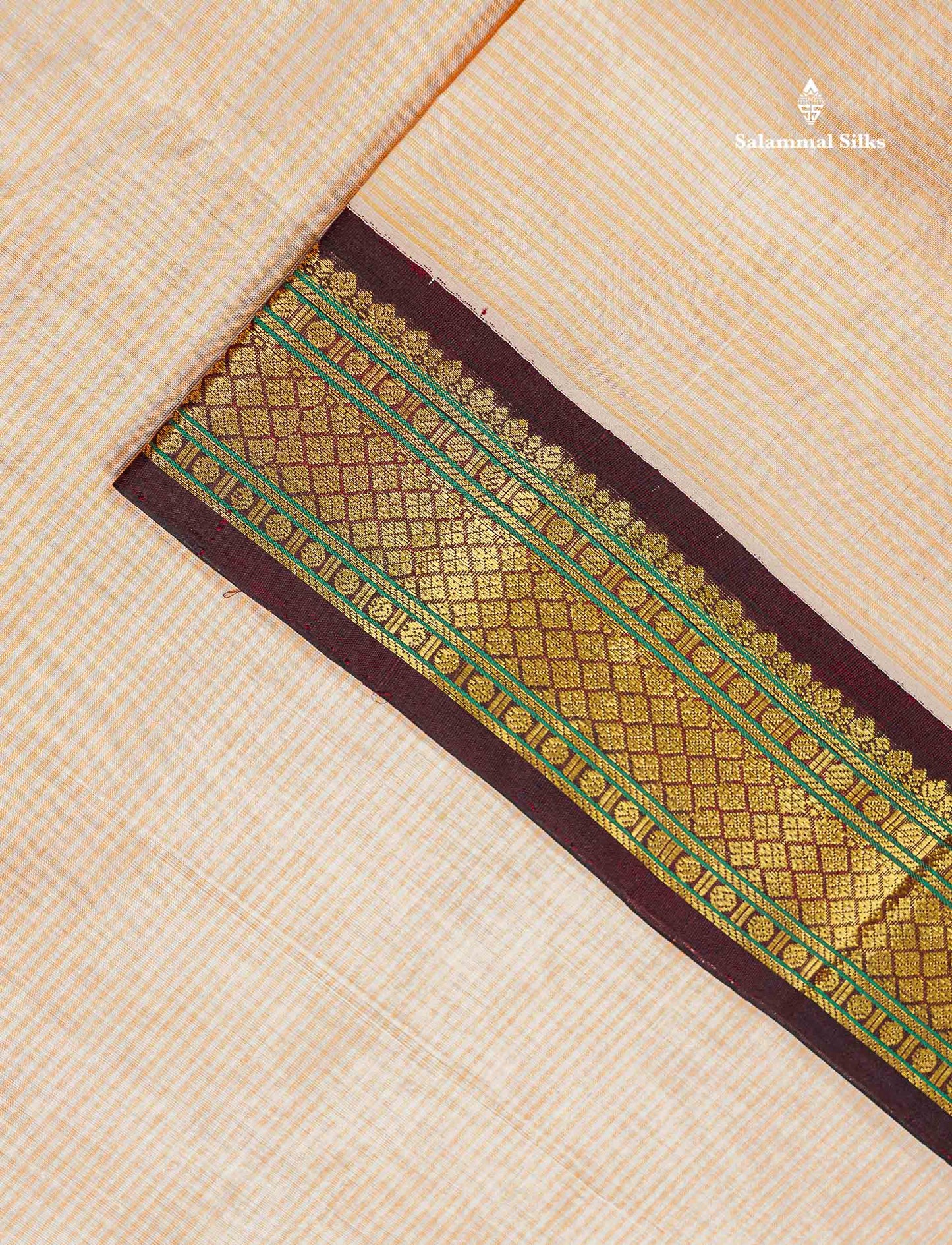 Pure Silk Cotton Saree - Peach Colour Body With Contrast Dark Brown Traditional Border