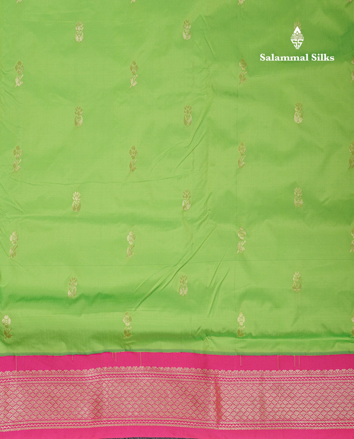 9.5 Yards Semi Silk Saree Parrot Green with Contrast Pink Border