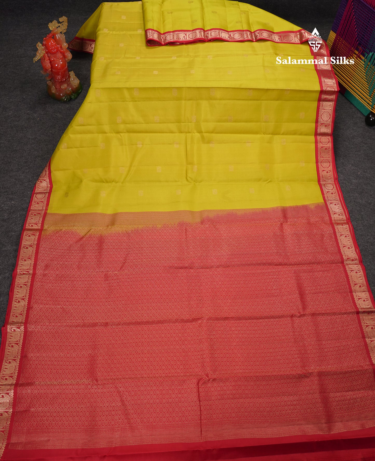 Beautiful Manthulir Yellow Pure Kanjivaram Silk Saree With Red Traditional Korvai Border