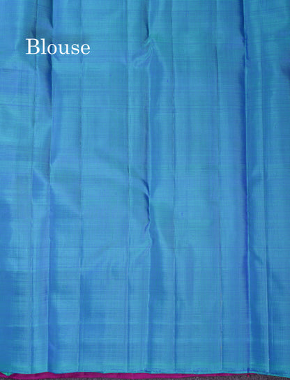 Beautiful Magenta Pure Kanjivaram Silk Saree With Contrast Peacock Blue Blouse