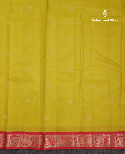 Beautiful Manthulir Yellow Pure Kanjivaram Silk Saree With Red Traditional Korvai Border