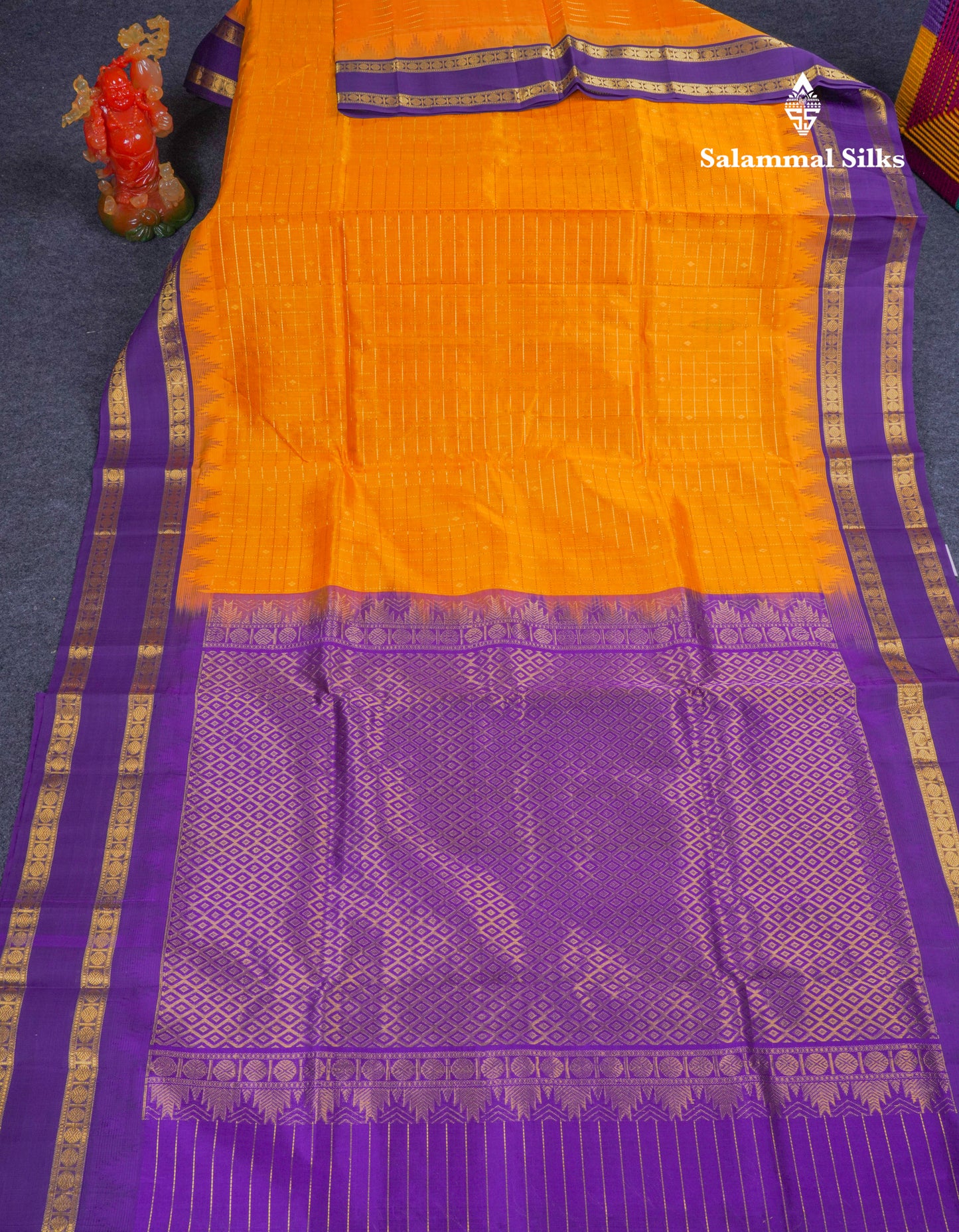 Mustard Yellow Checks With Butta Pure Silk Cotton Saree With Contrast Purple Traditional Rettapet Border