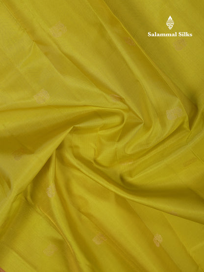 Beautiful Manthulir Yellow Pure Kanjivaram Silk Saree With Red Traditional Korvai Border