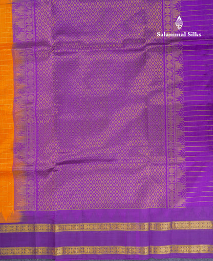 Mustard Yellow Checks With Butta Pure Silk Cotton Saree With Contrast Purple Traditional Rettapet Border