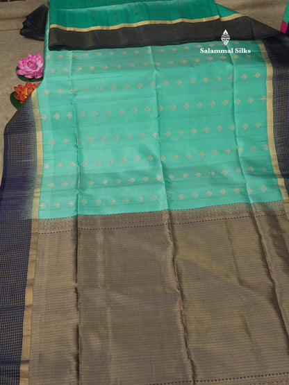 Beautiful Sea Blue Pure Kanjivaram Soft Silk Saree With Contrast Navy Blue Zari Checks Border