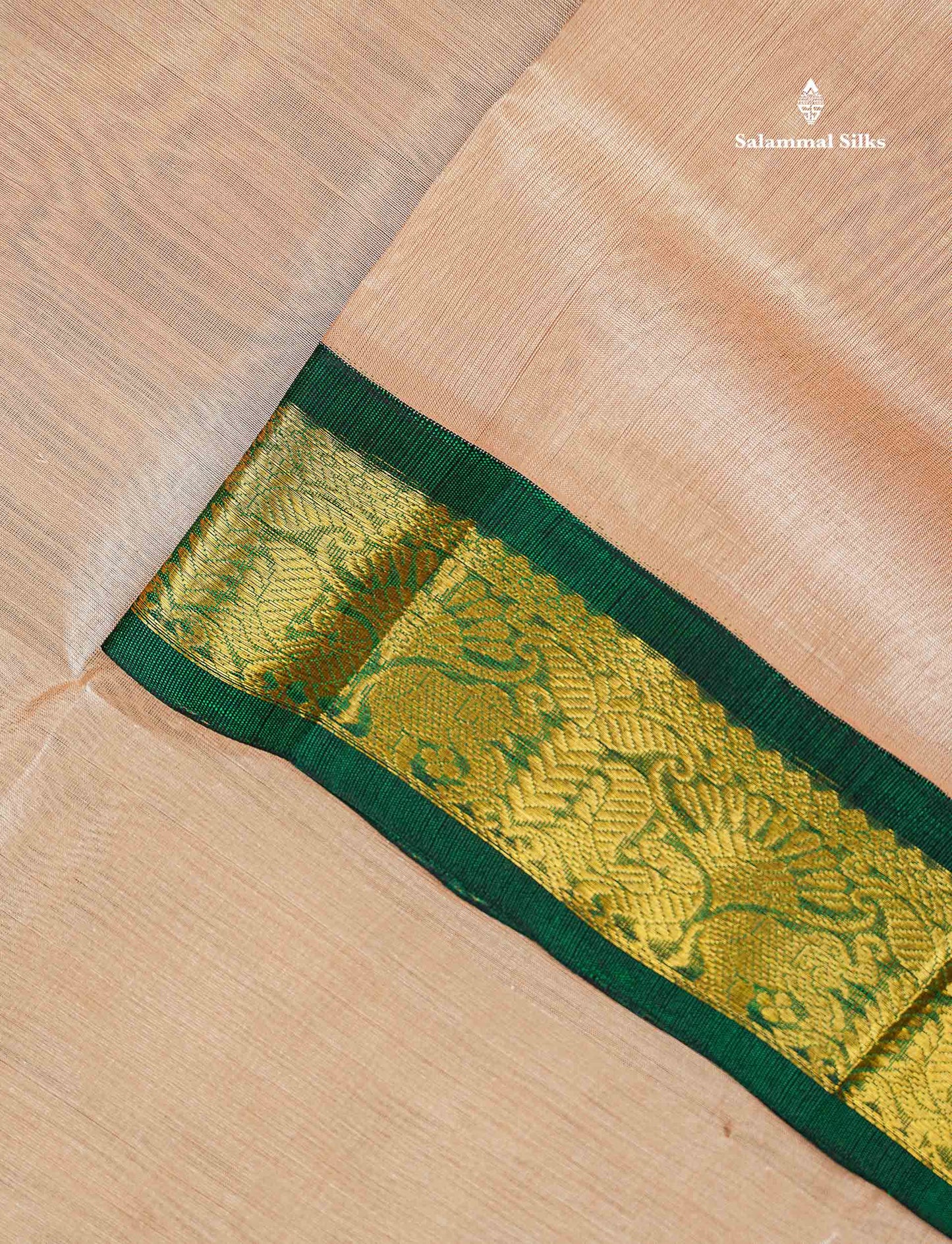 Pure Silk Cotton Saree - Cream Sandal Colour Body Plain With Contrast Bottle Green Traditional Border