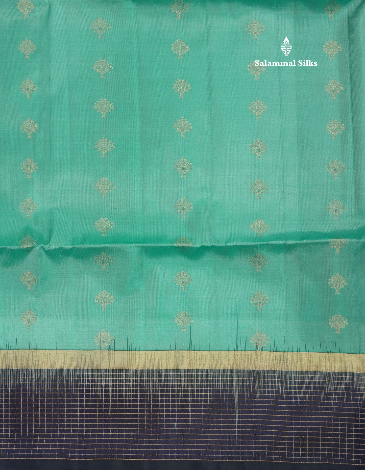 Beautiful Sea Blue Pure Kanjivaram Soft Silk Saree With Contrast Navy Blue Zari Checks Border