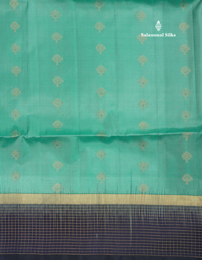 Beautiful Sea Blue Pure Kanjivaram Soft Silk Saree With Contrast Navy Blue Zari Checks Border