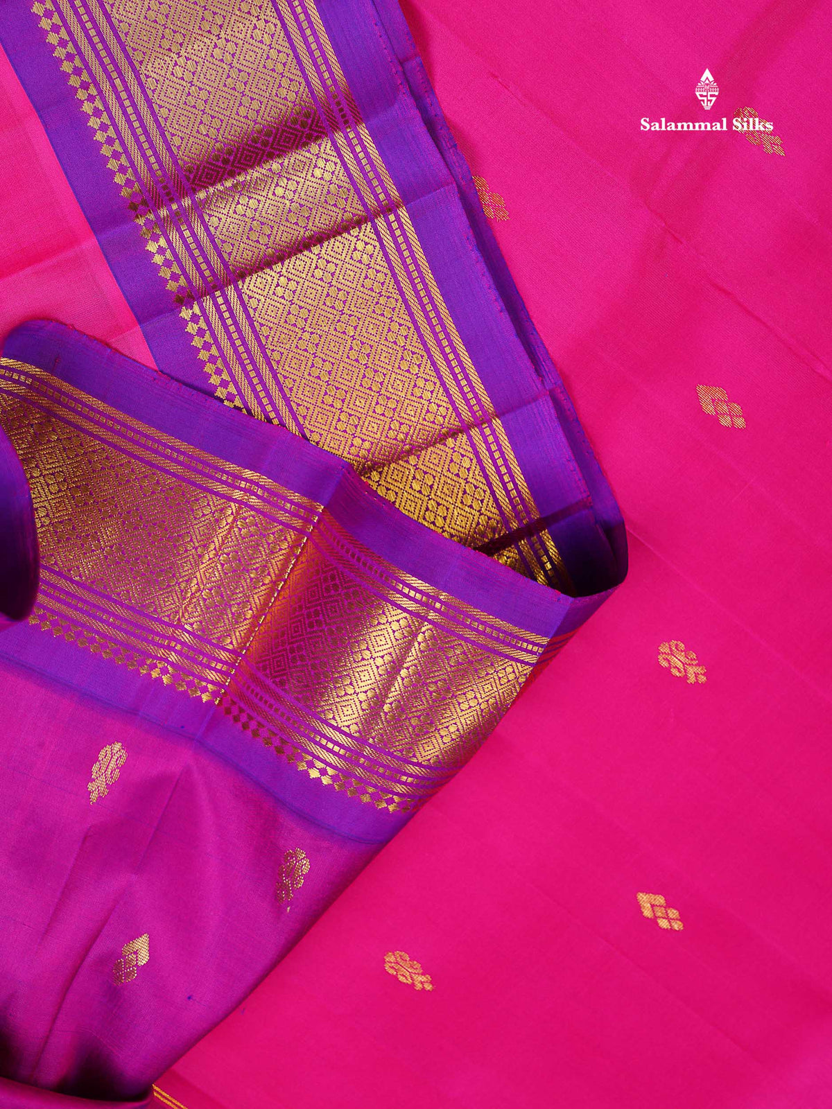 One Side Border Pure Silk Saree - Pink Colour Body Zari Butta With Purple Border