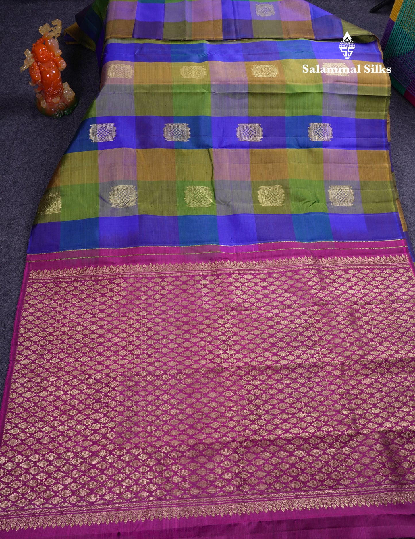 Beautiful Paalum Pazham Big Checks With Butta Pure Kanjivaram Silk Saree With Contrast Maroon Blouse