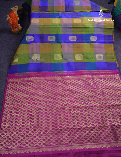 Beautiful Paalum Pazham Big Checks With Butta Pure Kanjivaram Silk Saree With Contrast Maroon Blouse
