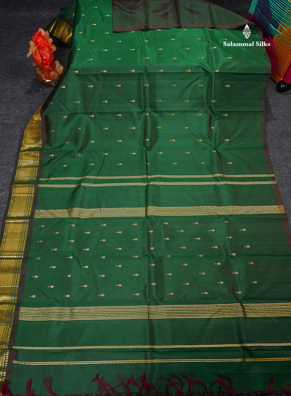 One Side Border Pure Silk Saree - Bottle Green Colour Body Zari Butta With Traditional Border