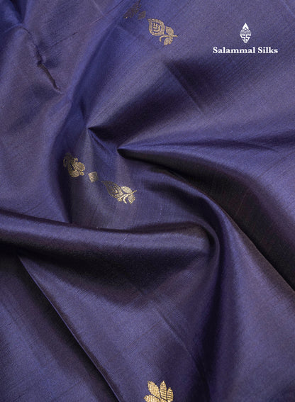 Navy Blue Pure Kanjivaram Silk Saree With Contrast Dual Tone Green Zari Checks Border