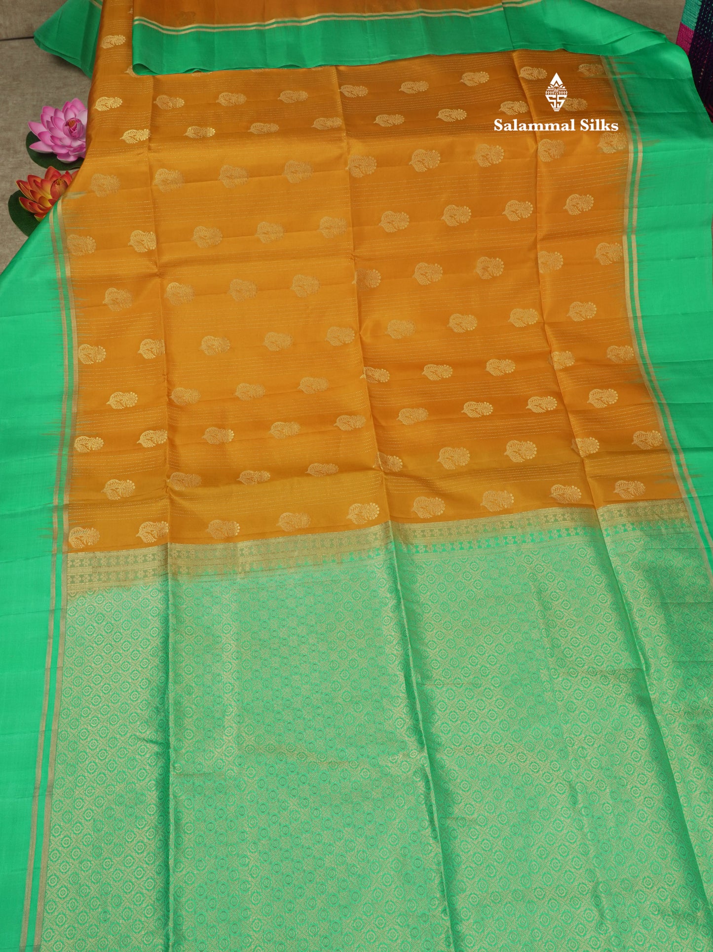 Beautiful Mustard Yellow Pure Kanjivaram Soft Silk Saree With Contrast Rexona Green Border