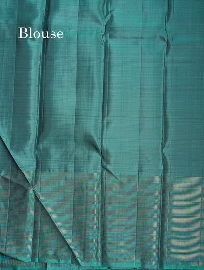 Navy Blue Pure Kanjivaram Silk Saree With Contrast Dual Tone Green Zari Checks Border