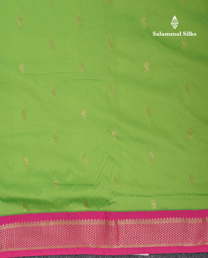 9 Yards Semi Silk Saree Green With Contrast Pink Border