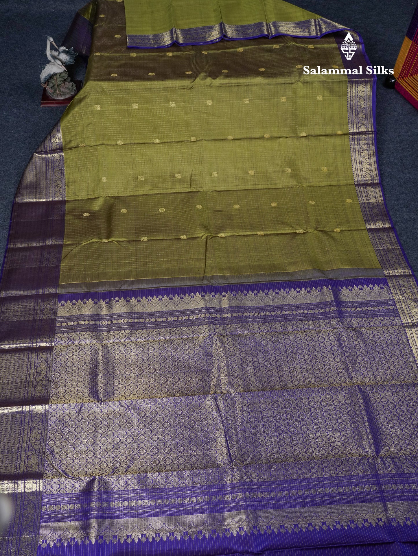 Olive Green Small Zari Checks Pure Kanjivaram Silk Saree With Contrast Violet Border