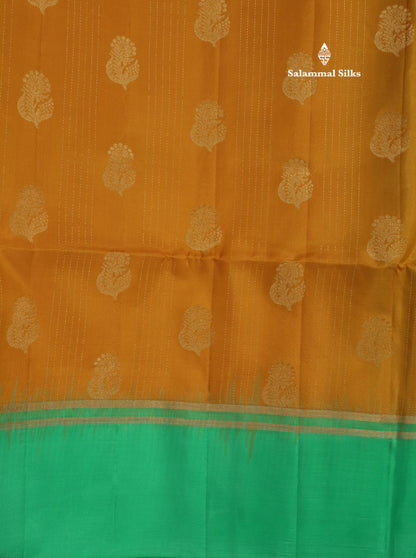 Beautiful Mustard Yellow Pure Kanjivaram Soft Silk Saree With Contrast Rexona Green Border