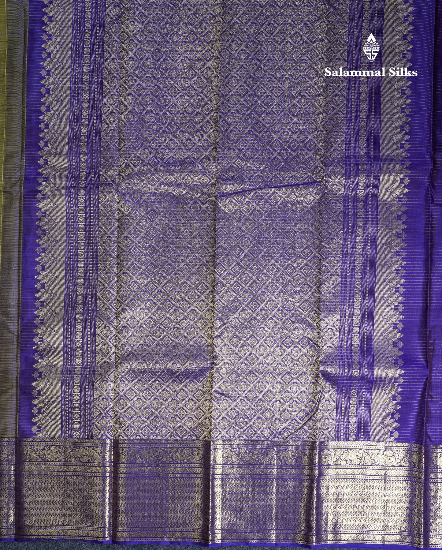 Olive Green Small Zari Checks Pure Kanjivaram Silk Saree With Contrast Violet Border