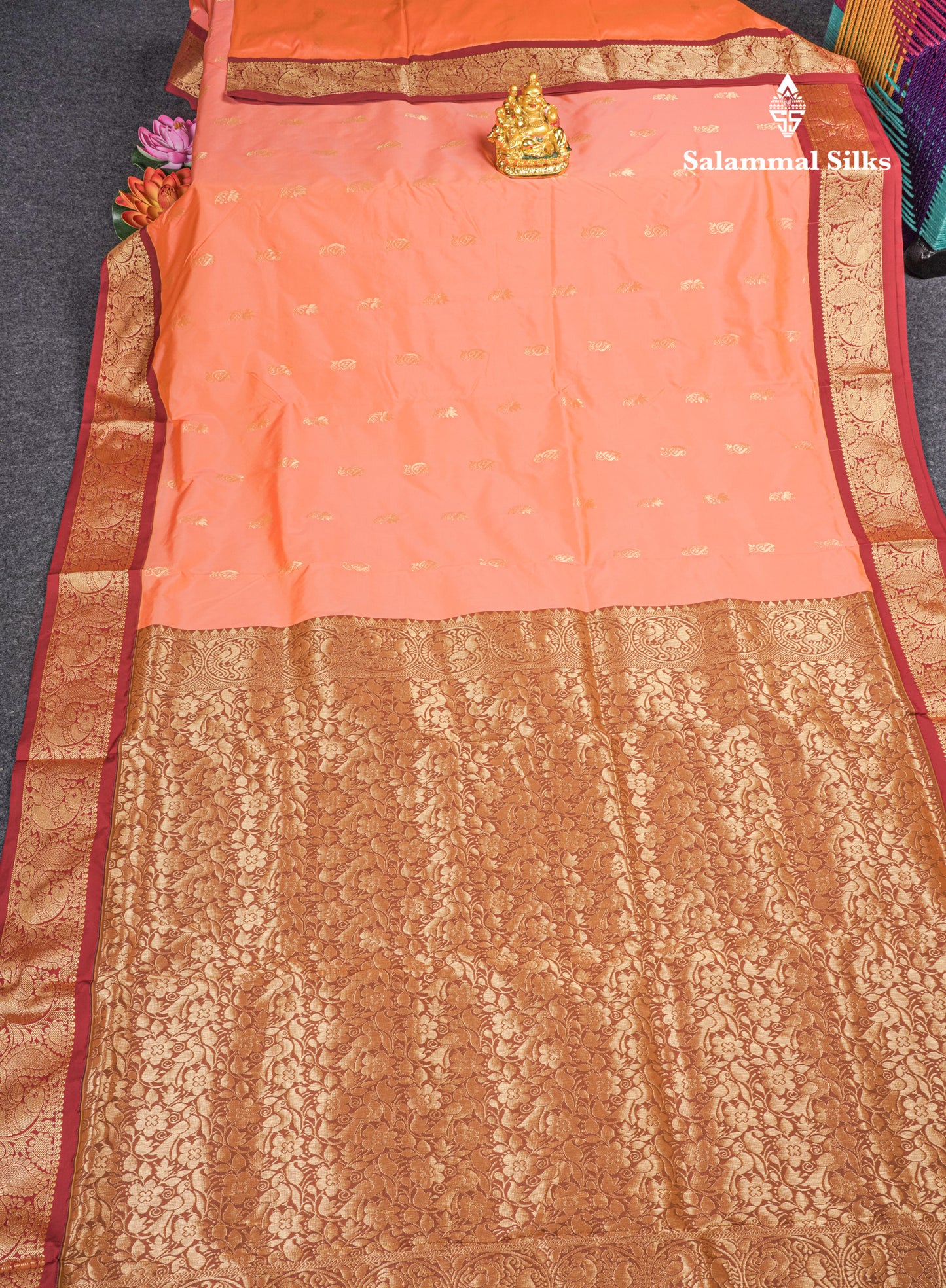9 Yards Semi Silk Saree Pinkish Peach With Contrast Maroon Border