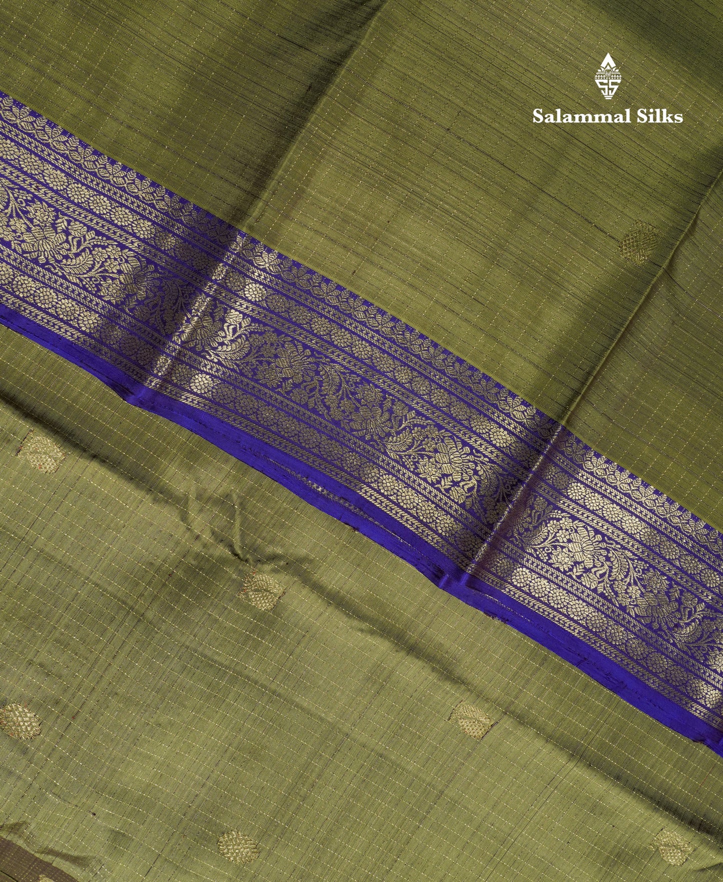 Olive Green Small Zari Checks Pure Kanjivaram Silk Saree With Contrast Violet Border