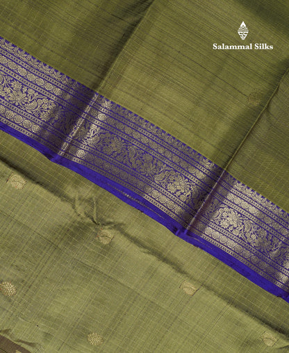 Olive Green Small Zari Checks Pure Kanjivaram Silk Saree With Contrast Violet Border
