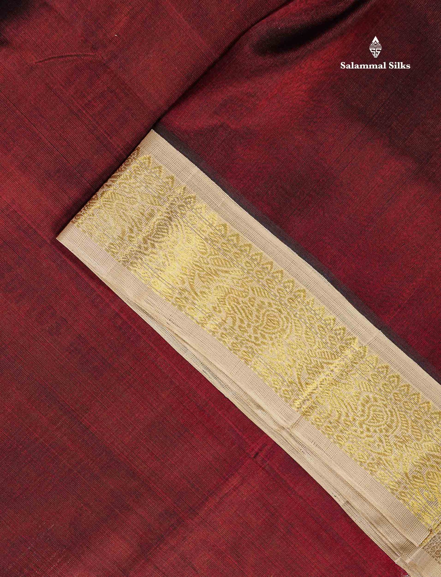 Pure Silk Cotton Saree - Dark Maroon Colour Body Plain With Contrast Cream Sandal Traditional Border