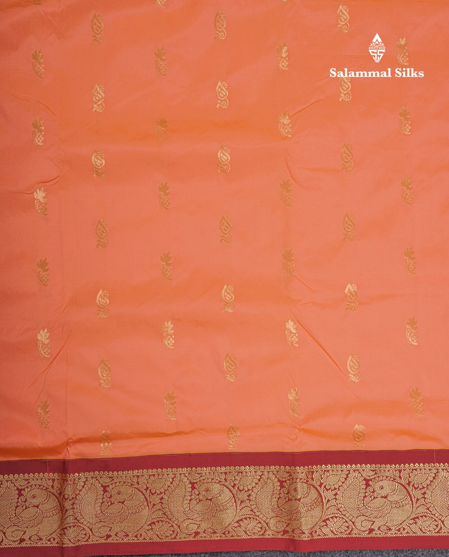 9 Yards Semi Silk Saree Pinkish Peach With Contrast Maroon Border