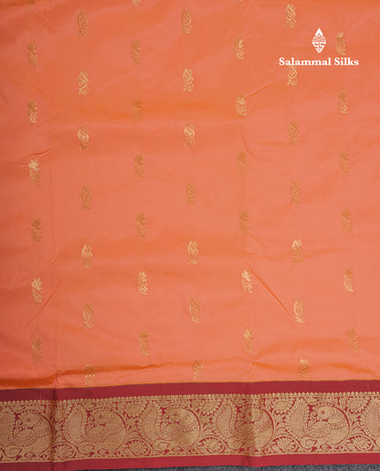 9 Yards Semi Silk Saree Pinkish Peach With Contrast Maroon Border