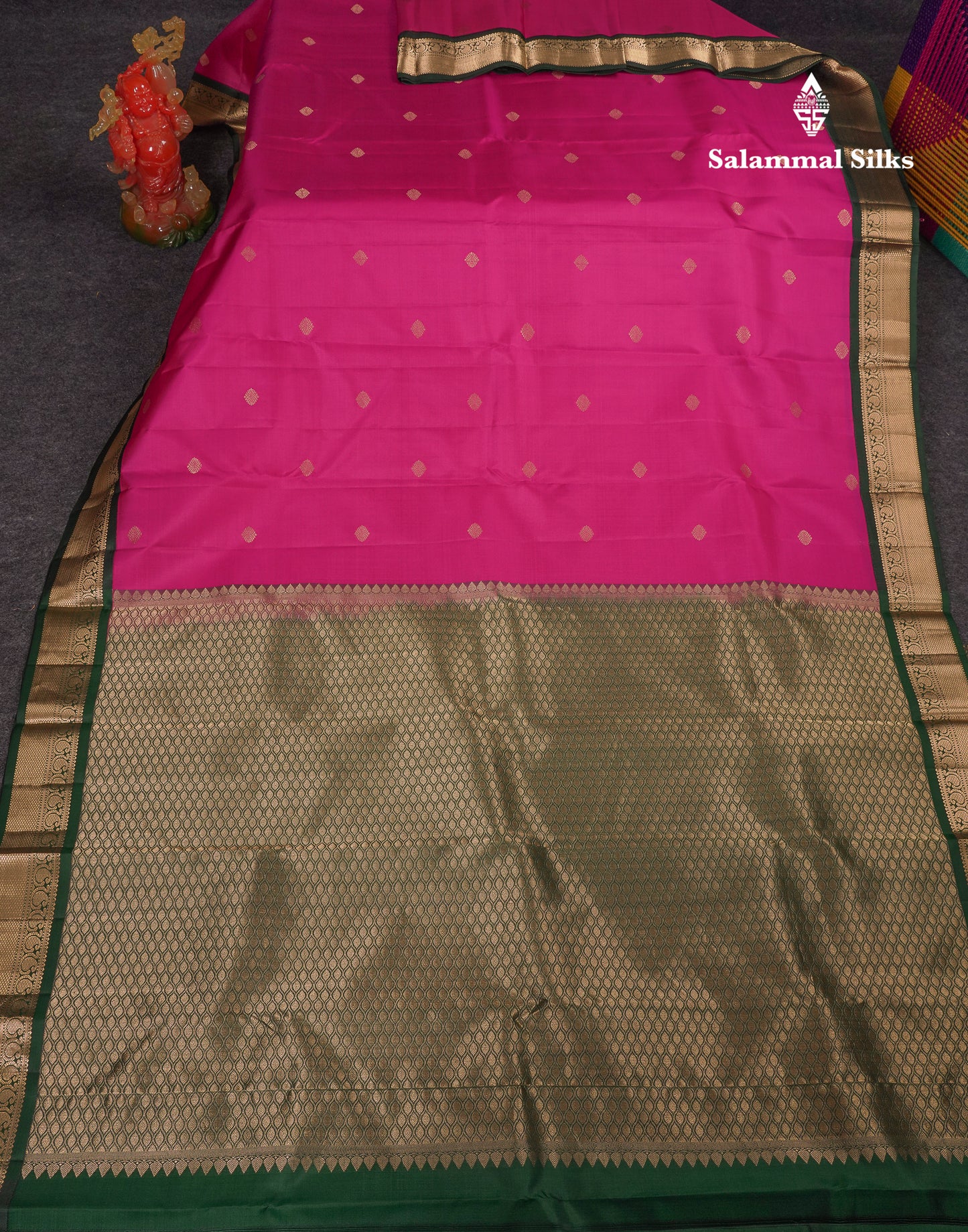 Beautiful Magenta Pink Pure Kanjivaram Silk Saree With Bottle Green Traditional Korvai Border
