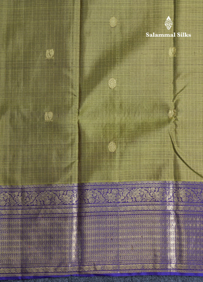 Olive Green Small Zari Checks Pure Kanjivaram Silk Saree With Contrast Violet Border