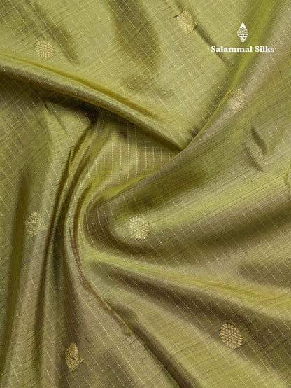Olive Green Small Zari Checks Pure Kanjivaram Silk Saree With Contrast Violet Border