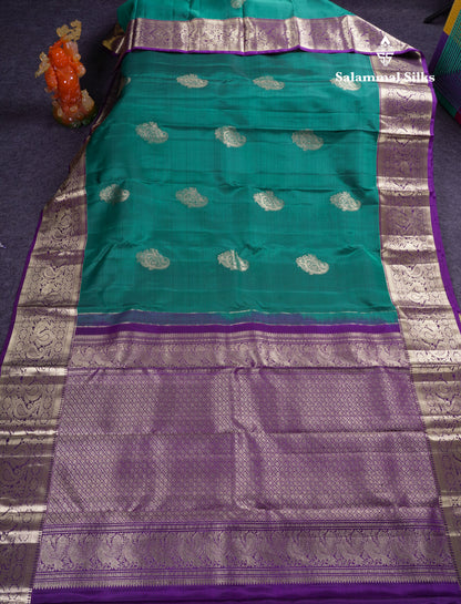 Beautiful Teal Green Pure Kanjivaram Silk Saree With Contrast Violet Traditional Border