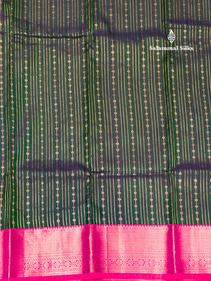 Peacock Green Colour Kanjivaram Pure Silk Saree With Pinkish Orange Silver Zari Border