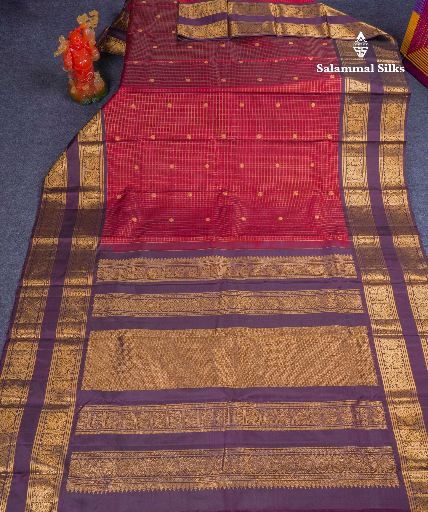 Beautiful Dark Maroon Small Zari Checks With Butta Pure Kanjivaram Silk Saree With Contrast Dark Purple Traditional Rettapet Border