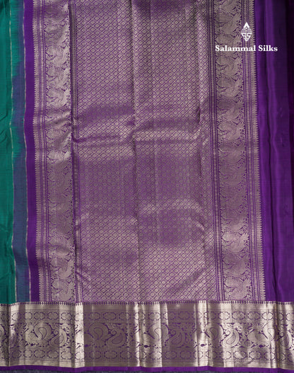 Beautiful Teal Green Pure Kanjivaram Silk Saree With Contrast Violet Traditional Border