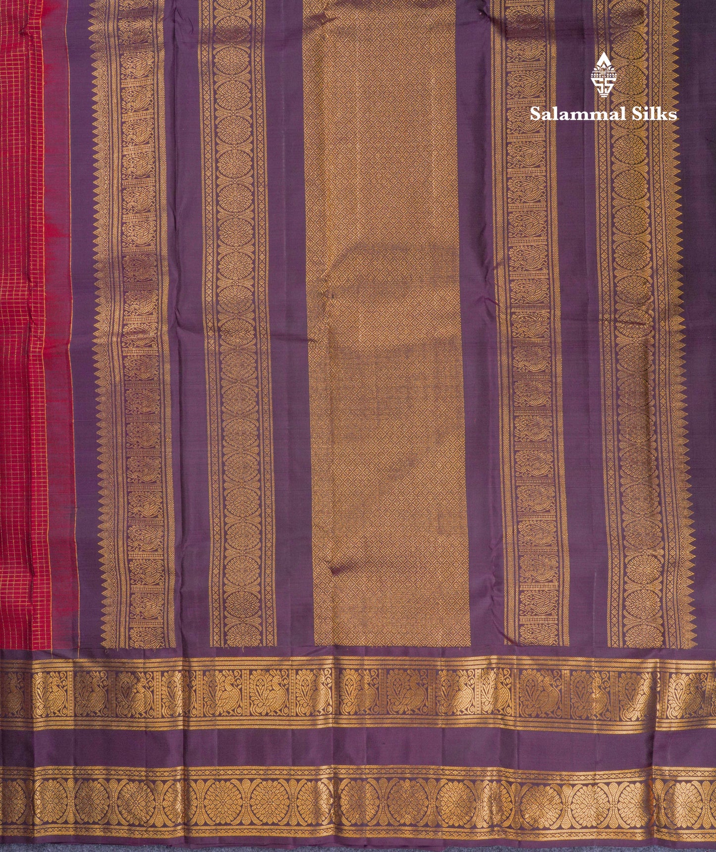 Beautiful Dark Maroon Small Zari Checks With Butta Pure Kanjivaram Silk Saree With Contrast Dark Purple Traditional Rettapet Border