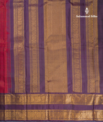 Beautiful Dark Maroon Small Zari Checks With Butta Pure Kanjivaram Silk Saree With Contrast Dark Purple Traditional Rettapet Border