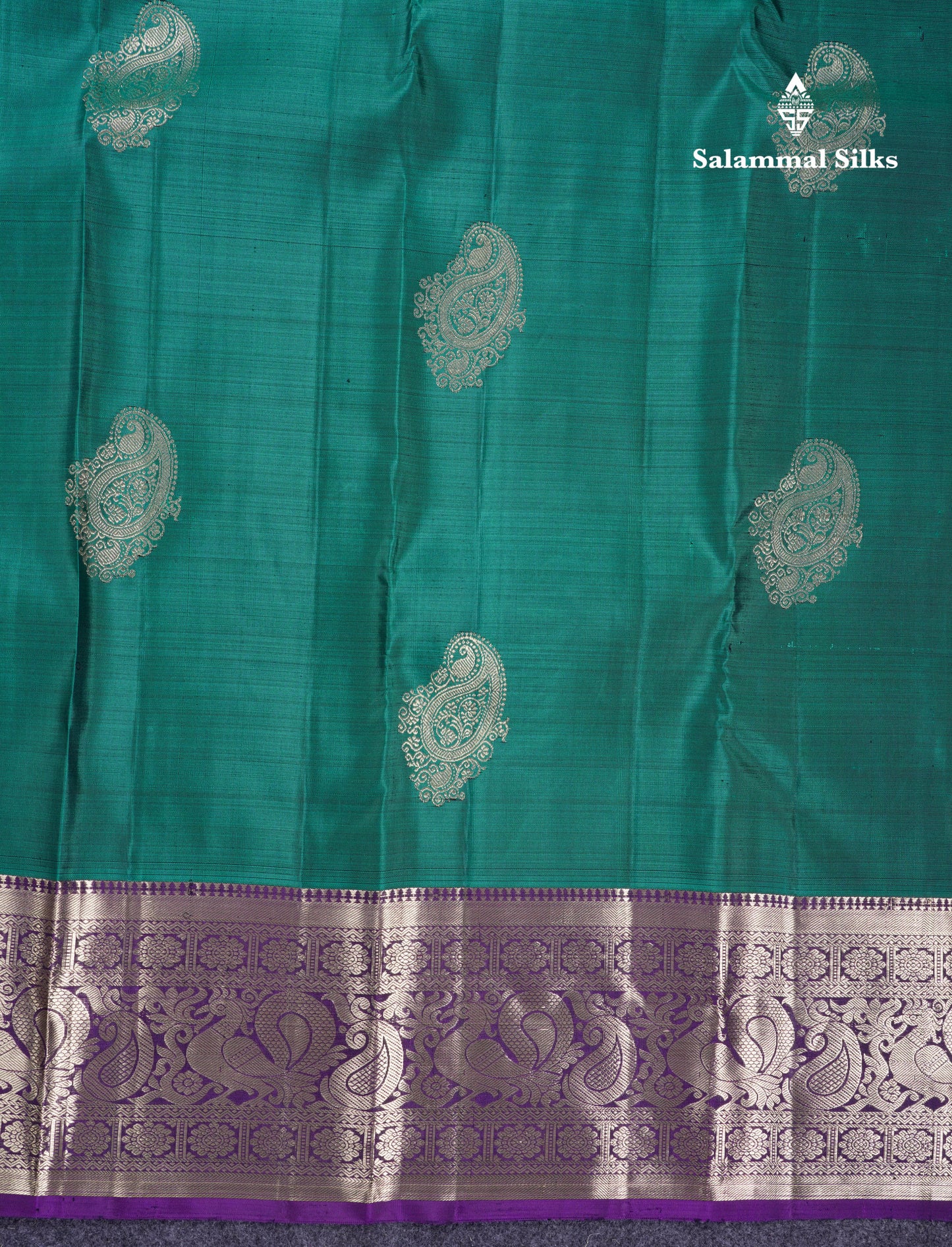 Beautiful Teal Green Pure Kanjivaram Silk Saree With Contrast Violet Traditional Border