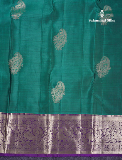 Beautiful Teal Green Pure Kanjivaram Silk Saree With Contrast Violet Traditional Border